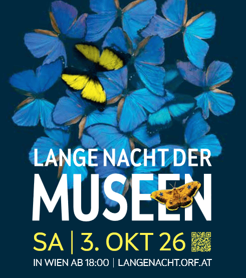 Lange N der Museen - Hotel Kärntnerhof Vienna Poster for Lange Nacht der Museen with blue butterflies, bold 'MUSEEN' text, date 'SA | 3. OKT 26', and a QR code.