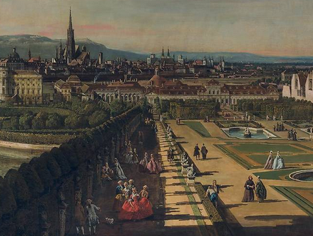 khm - Hotel Kärntnerhof Vienna 18th-century style painting of a grand palace garden terrace with visitors and a city skyline in the distance.